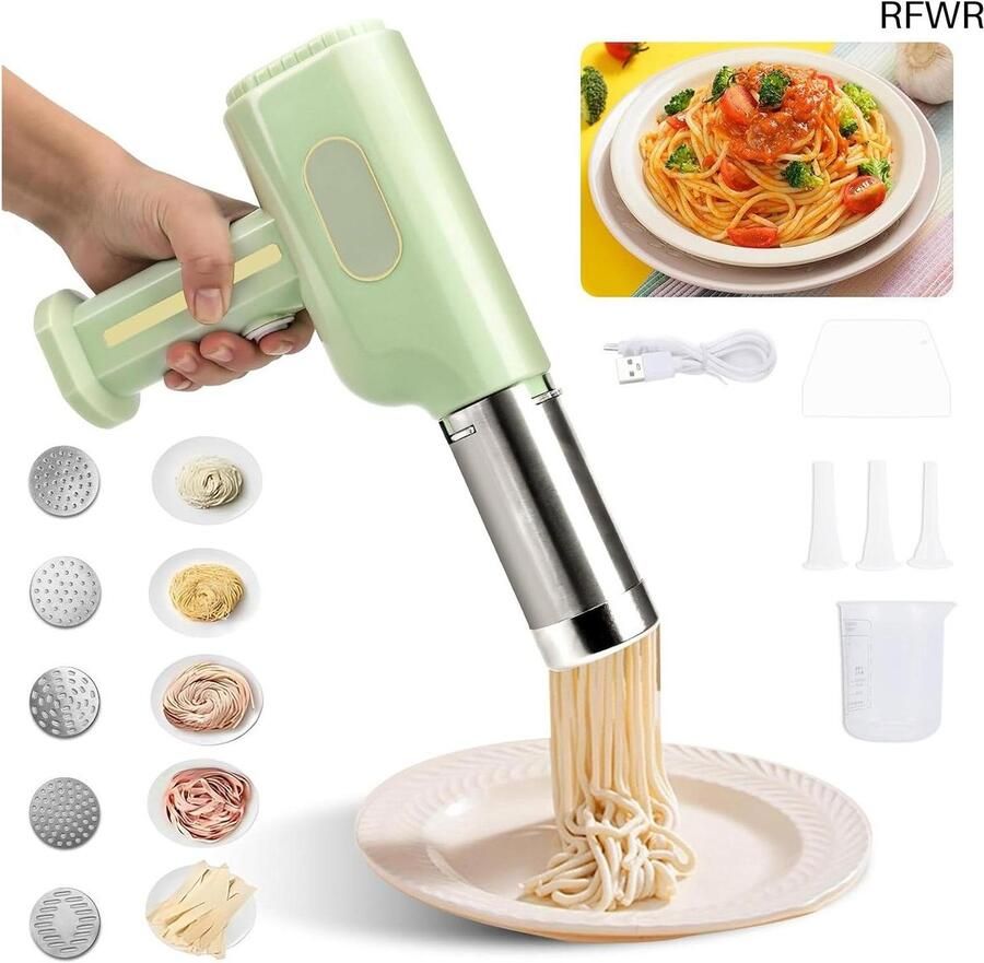 RFWR Draagbare elektrische pastamachine met 5 pastavormen oplaadbaar en draadloos