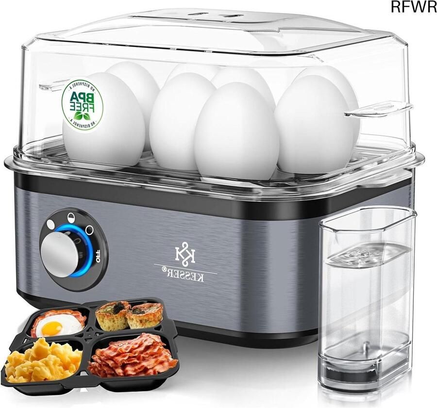 RFWR Elektrische Eierkoker voor 1 tot 8 Eieren Roestvrij Staal 500W met Warmhoudfunctie Instelbare Hardheidsgraden en Vaatwasmachinebestendige Onderdelen