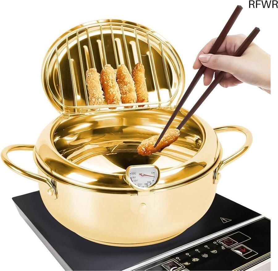 RFWR Friteuse in Japanse stijl met thermometer en deksel Roestvrijstalen Tempura pan voor perfecte frituurresultaten