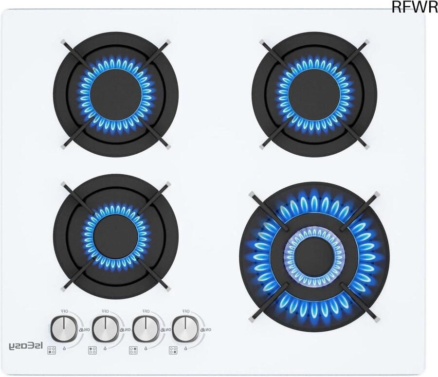 RFWR Gaskookplaat 4 pitten 60 cm glazen inbouw kookplaat met gietijzeren houders 7800 W