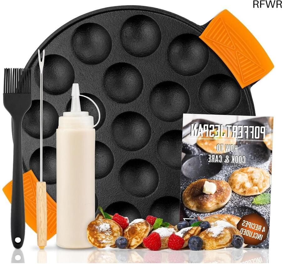 RFWR Gietijzeren Poffertjespan met Doseerfles en Keervork Voor Gas Inductie en Elektrisch Maak 19 Mini Poffertjes