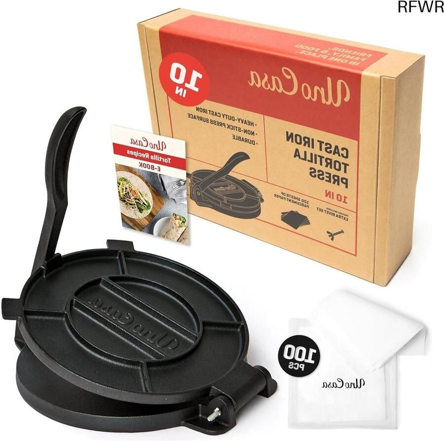 RFWR Gietijzeren Tortilla Pers 25 cm Roti Pers en Tortillamaker voor Mexicaanse Gerechten met 100 Stuks Perkamentpapier