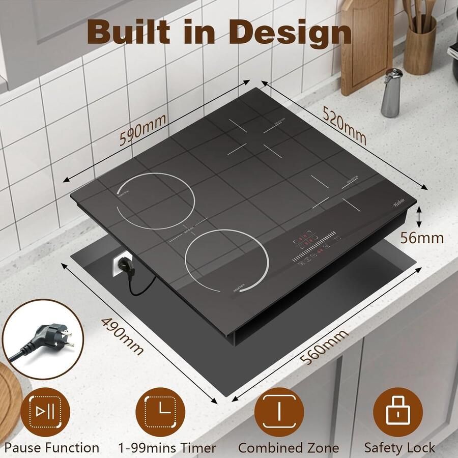 RFWR Inductiekookplaat 4-pits met Flex Zone en Touchbediening 60cm 3500W