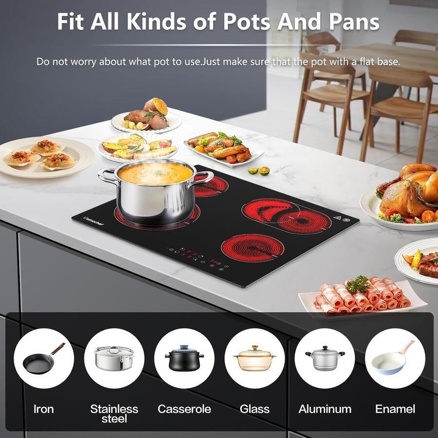 RFWR Keramische Kookplaat 60 cm met 4 Kookzones en 6600W Vermogen