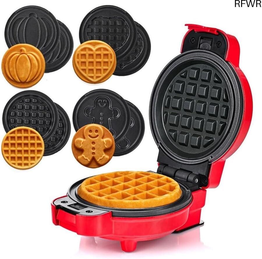 RFWR Mini Wafelijzer met Verwisselbare Bakplaten voor Kinderen Pompoen Peperkoek Hart en Klassiek