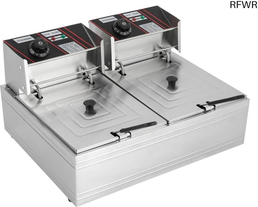 RFWR Professionele elektrische dubbele friteuse met deksel en veiligheidsthermostaat 2 tanks van 6 liter 2500W per tank ideaal voor restaurant en thuis