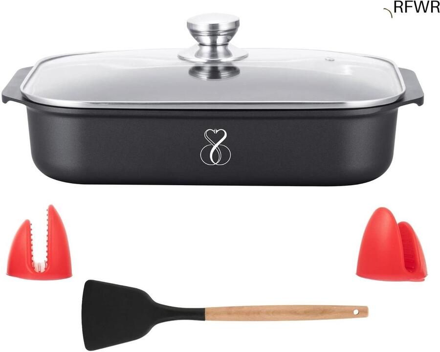 RFWR Rechthoekige bakplaat met deksel 34 cm x 8 cm professionele lasagnevorm met super anti-aanbaklaag voor gas en inductie-oven
