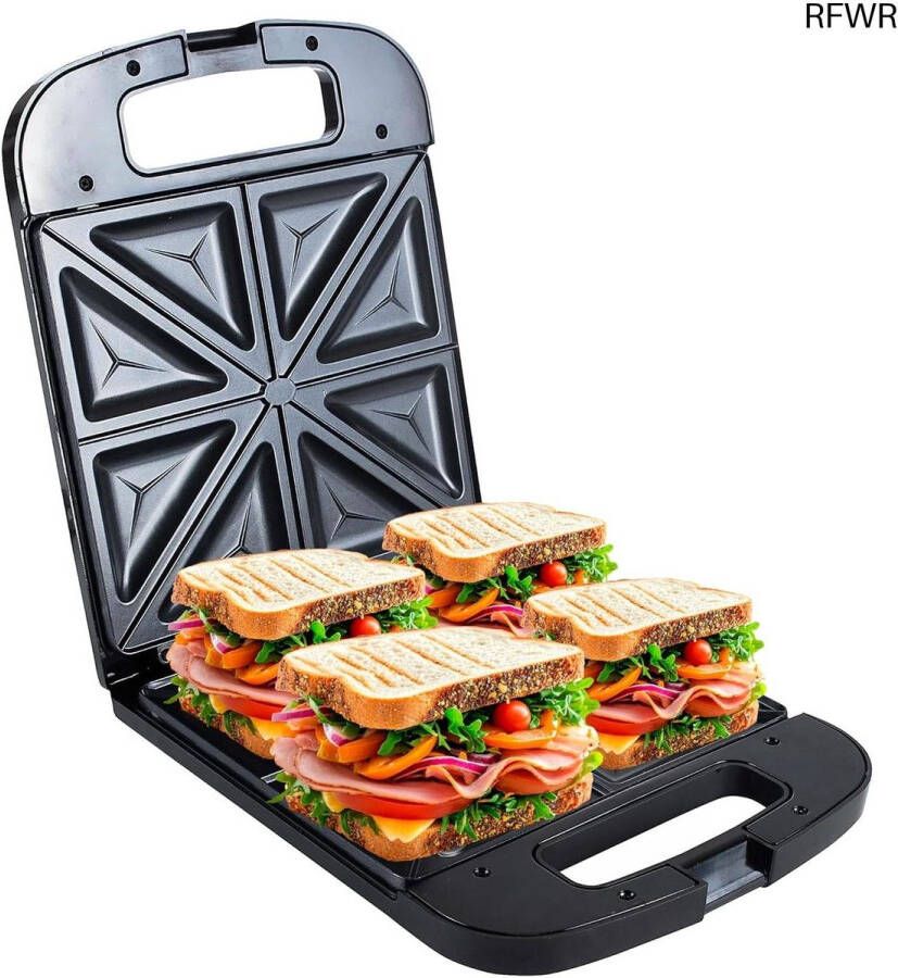 RFWR Sandwichmaker XXL 2000 W Broodrooster voor 4 Sandwiches met Vuurvaste Handgreep en Rubber Voetjes