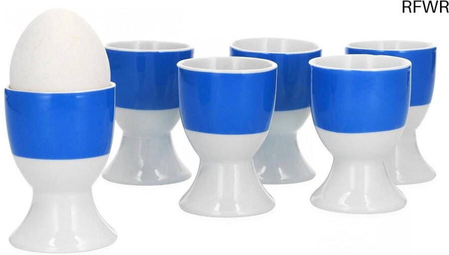 RFWR Set van 6 Eierdopjes van Wit Porselein met Blauwe Rand Stijlvolle en Functionele Eierhouders