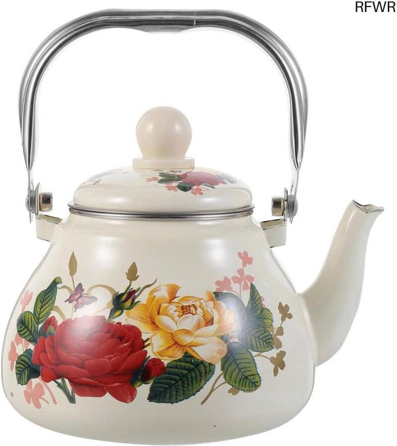 RFWR Vintage Emaille Theeketel 1L voor Koken en Inductie Voordelige Waterkoker met Bloemenpatroon