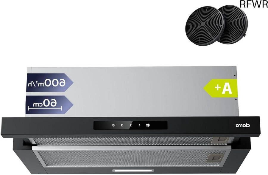 RFWR Vlakscherm Afzuigkap 60cm met 600m³ u Zuigkracht en Actiefkoolfilter Ruimtebesparend en Stil