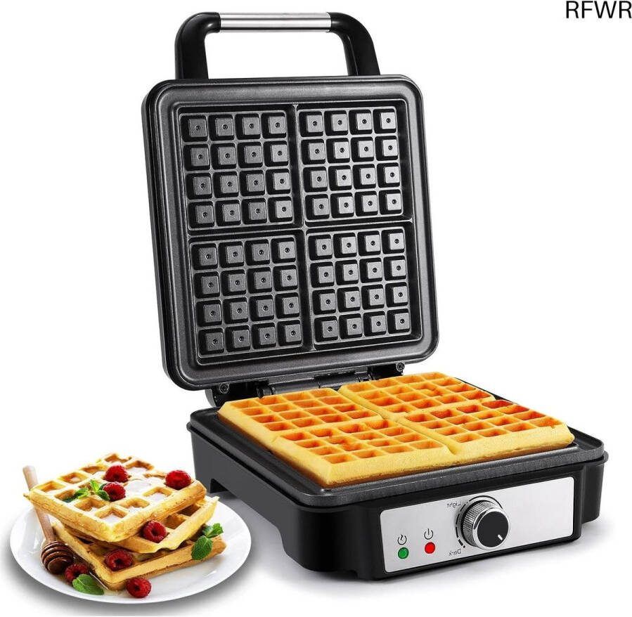 RFWR Wafelmaker voor 4 Belgische Wafels Instelbare Bruiningsknop 1200W met Anti-aanbaklaag