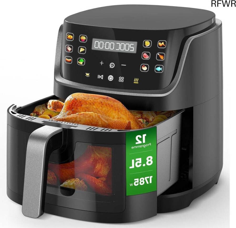 RFWR XL Heteluchtfriteuse met 8 5 Liter Capaciteit en LED-Touchscreen 12 Functies en Kijkvenster