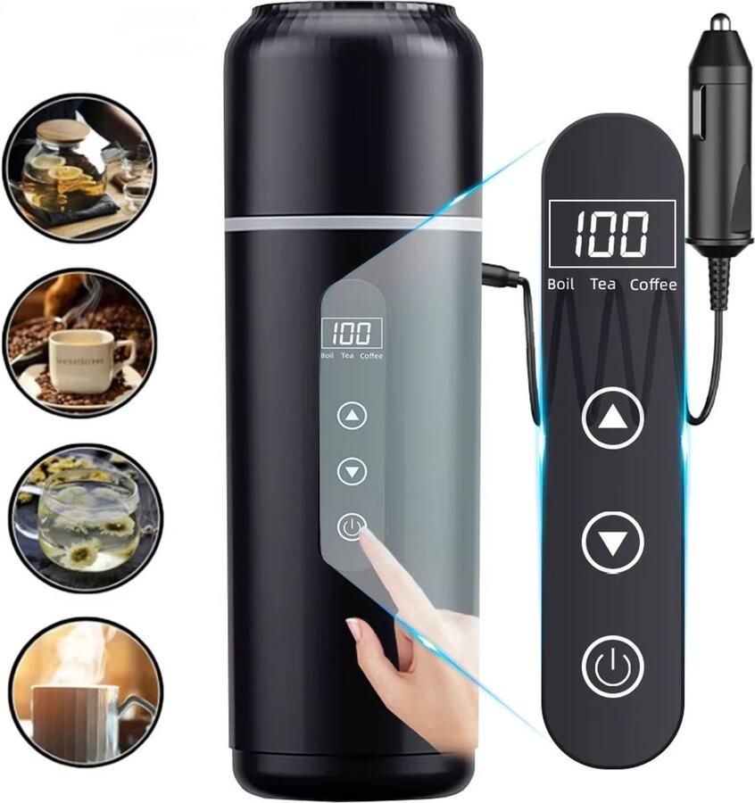 Rimmo 12V 24V Draagbare Waterkoker Auto 500ml – Elektrische Reiscup met Touchscreen & Verstelbare Temperatuur – Slimme Thermische Beker geschikt voor Auto Vrachtwagen Camper & Boot – Autowaterkoker Reis Waterkoker Elektrische Thermosbeker