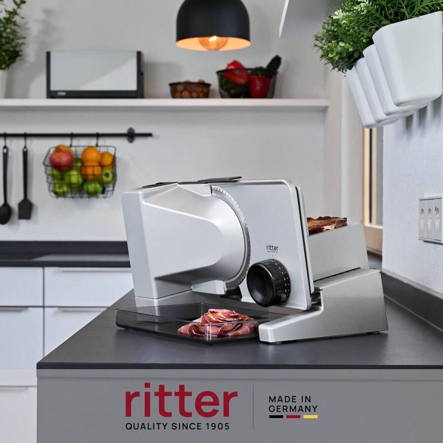 Ritter Snijmachine serano 7 Made in Germany Allessnijder Elektrisch 130W Eco Motor broodsnijmachine vleeswarensnijmachine vlees brood gronten broodsnijder Zilver