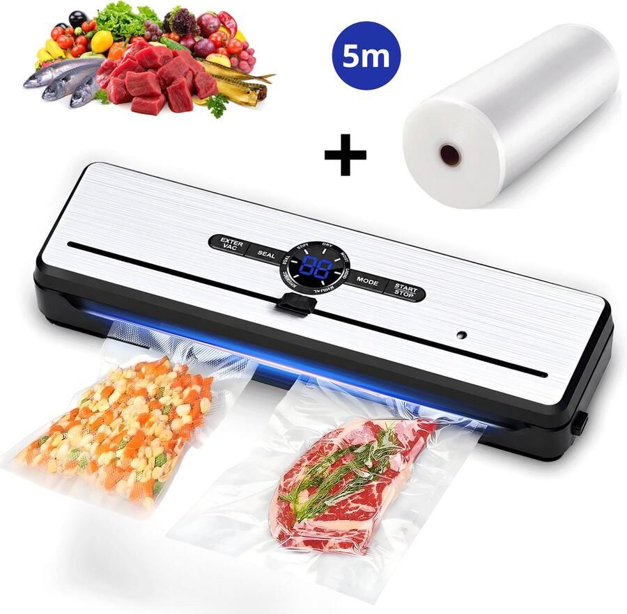 Rivv Vacumeermachine met Ingebouwde Snijder Complete Set met 5m Rol & 5 Zakken 7 Standen Vacuümmachine Seal Apparaat voor Voedsel 135W Model AP-25P