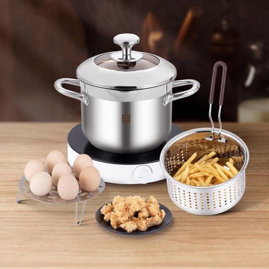 Roestvrijstalen frituurpan 4 liter friteuse met zeef en deksel friteuse pan stoompan multifunctionele kookpan bereiding van kippenvleugels zeevruchten friet calamares
