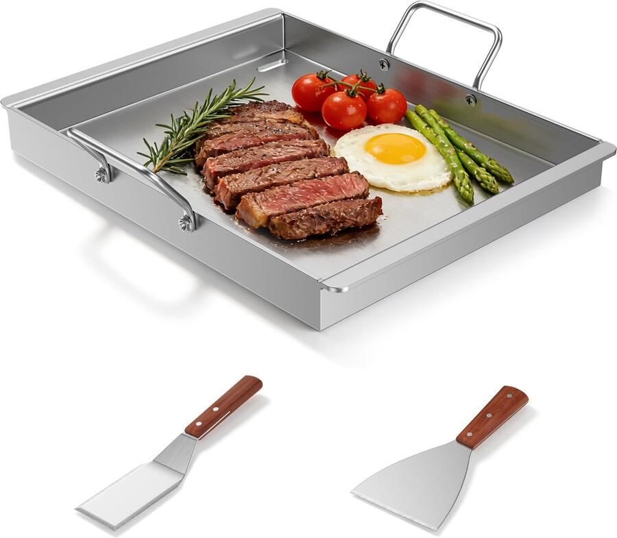 Roestvrijstalen Grillplaat met Vetafvoer en Houten Spatels