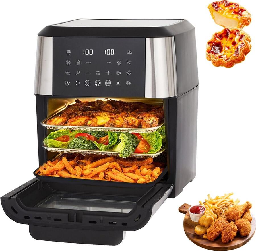 Rolipo Heteluchtfriteuse Oven 12L en meerdere lagen Multifunctionele heteluchtoven Heteluchtfriteuse Oven Heteluchtfriteuse – Multifunctionele Zwart Met Zilver – Multifunctionele Oven Easy Fry & Grill Eenvoudig Te Reinigen XXL