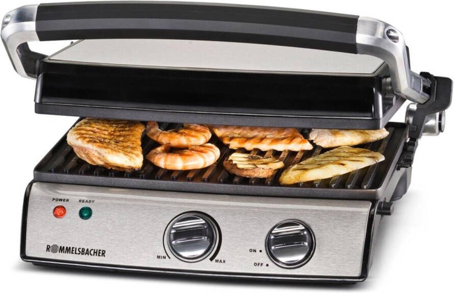 Rommelsbacher Contactgrill KG 2020 – 3-in-1 contactgrill & tafelgrill – met uitneembare antiaanbak grillplaten & vetafvoer – voor panini vlees & groenten