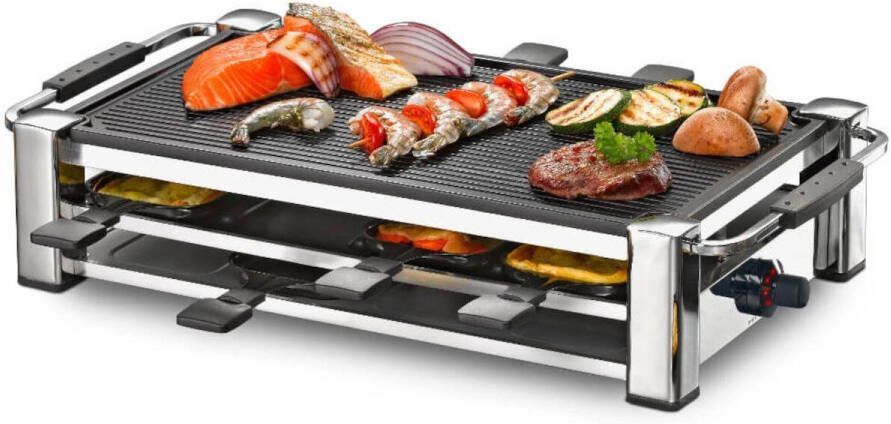Rommelsbacher Raclettegrill RCC 1500 Mode – Gourmetset voor 8 personen – luxe raclette met omkeerbare grillplaat – antiaanbaklaag – inclusief pannetjes en spatels – 1500W – XXL snoer