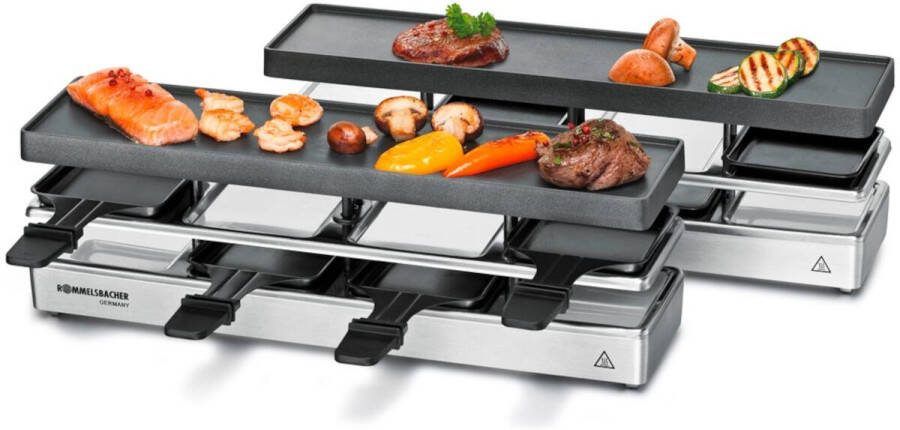 Rommelsbacher Raclette Grillset voor 4 + 4 RC 1600 Gourmetstel Voor 8 Personen Omkeerbare Grillplaat 1600 Watt Roestvrij Staal Met Pannetjes en Spatels