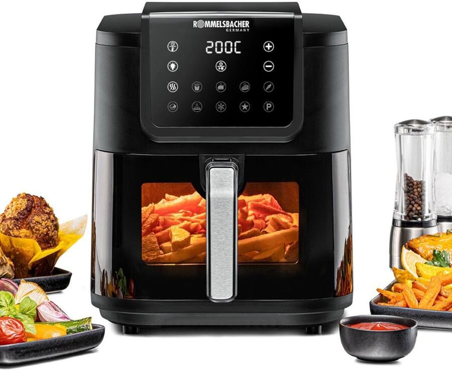 Rommelsbacher FRH 1700 Heteluchtfriteuse XXL 8 liter 1700W Touch Control 10 programma's 60 min timer inspectievenster met binnenverlichting schud keer-herinnering 60-200°C zwart RVS