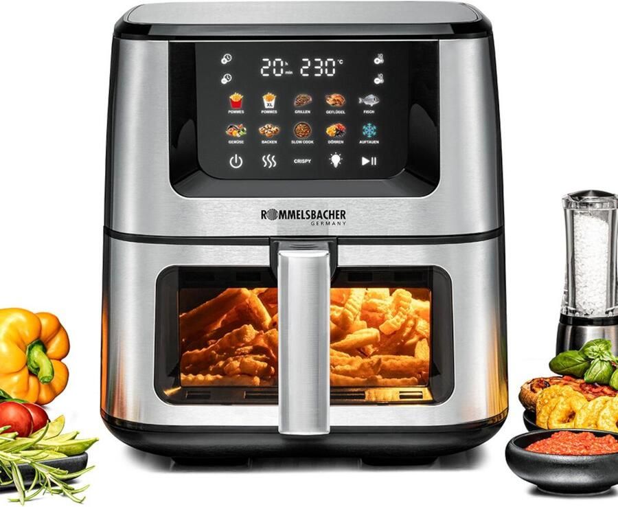 Rommelsbacher FRH 1850 Heteluchtfriteuse XXL 7 5 liter 10 programma's 1570-1870 W keramische PFAS-vrije anti-aanbaklaag LED-touchscreen kijkvenster met binnenverlichting