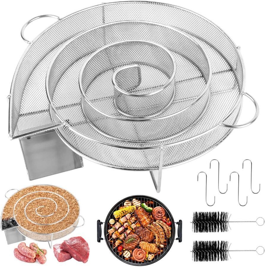 Ronde koude rookgenerator 304 roestvrij staal koude rookgenerator koude rookgenerator voor roker met 2 borstels en 4 haken voor roken vlees vis grill