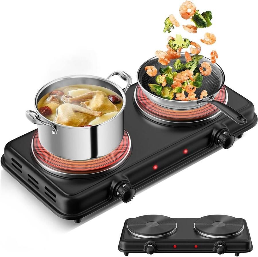 RONN Elektrische Kookplaat 2 Pits Elektrische Fornuis Elektrische Kookplaat Vrijstaand 2 Kookzones Kinderslot Zwart 52cm x 30cm x 8cm ; 2.2 kg