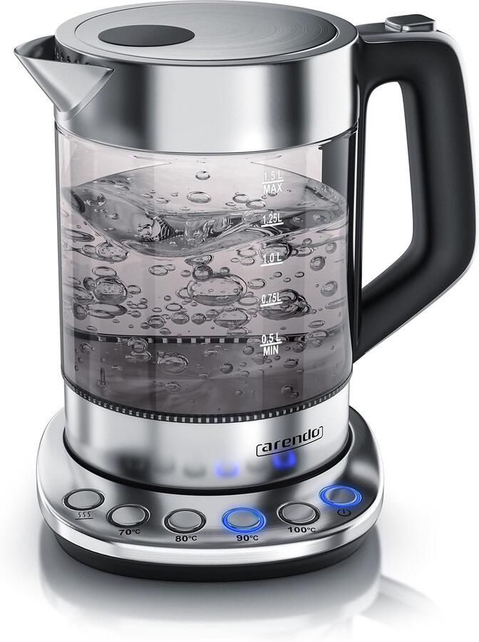 Rookglas glazen waterkoker met temperatuurinstelling roestvrij staal warmhoudfunctie 30 min 1 5 liter inhoud borosilicaatglas basisstation van roestvrij staal modern design