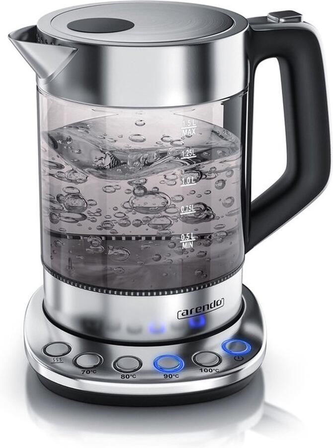 Rookglas glazen waterkoker met temperatuurinstelling roestvrij staal warmhoudfunctie 30 min 1 5 liter inhoud borosilicaatglas basisstation van roestvrij staal modern design