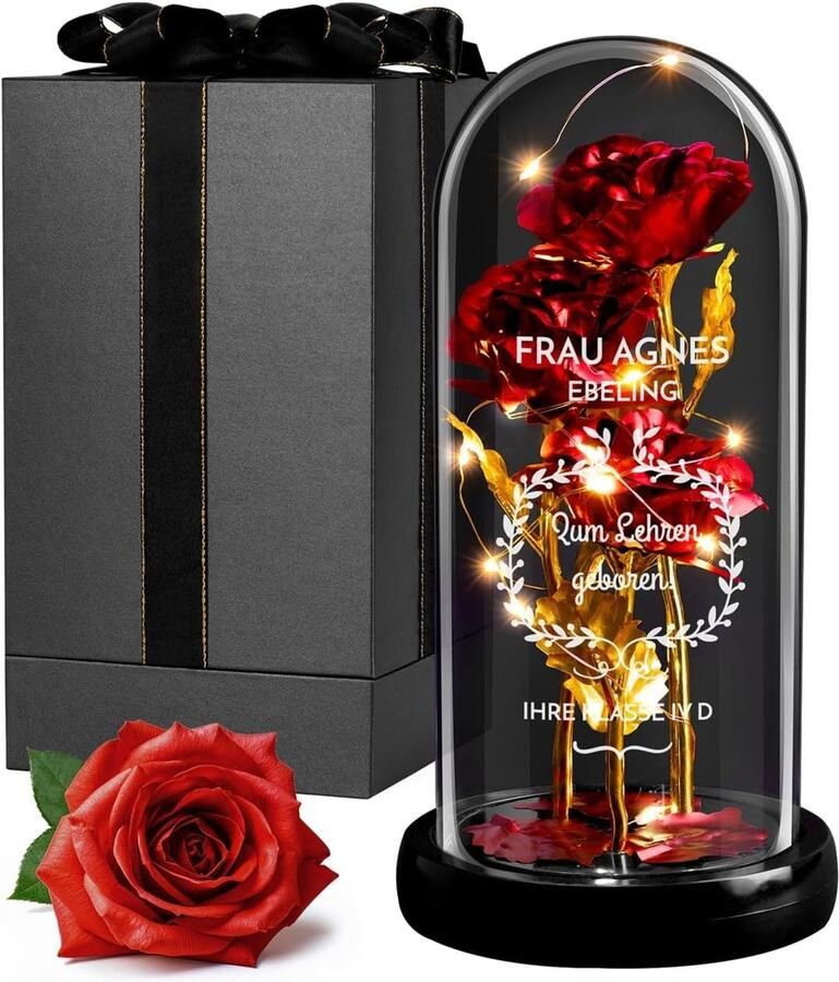 Roos met LED-verlichting in glas met gravure