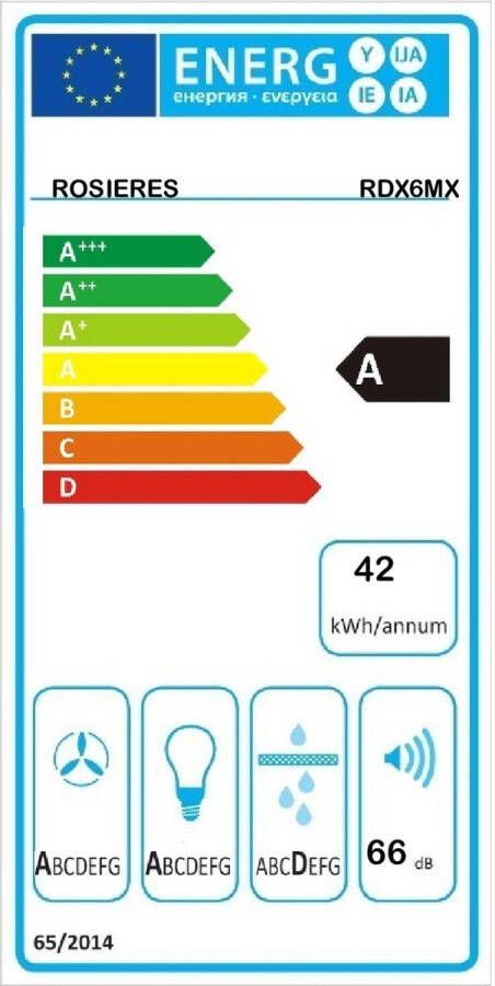 Rosieres Decoratieve kap rosières rdx6mx l 60 cm roestvrij staal 66 dB 4 snelheden Klasse A LED -verlichting - Foto 2