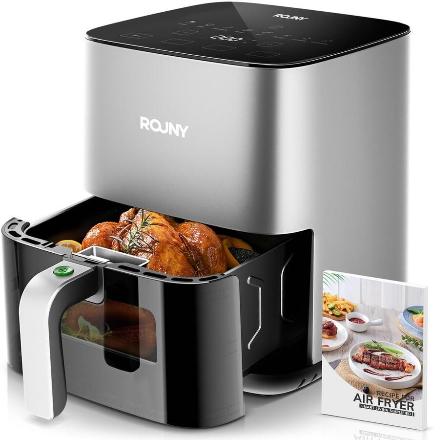Rouny Airfryer 4 5L-Heteluchtfriteuse-Digitaal Display-Kijkvenster-Temperatuurregeling-1450W – Voor Keuken En Snacks – 32x26x30 5cm – Zilver Zwart