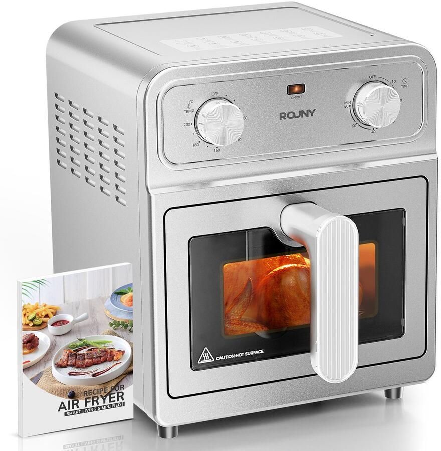 Rouny Airfryer 8 L – Heteluchtfriteuse 1700 W – Volledig Metalen Behuizing met 304 RVS Binnenkuip – Kijkvenster – Mechanische Knoppen – 80-200 °C