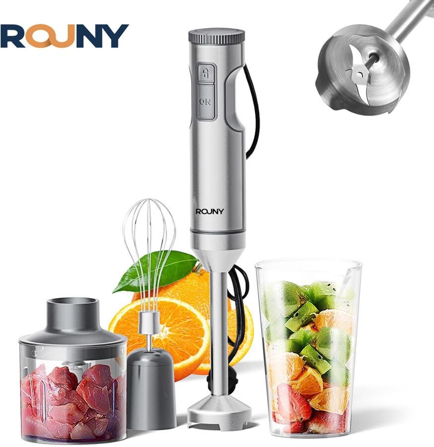 Rouny Staafmixer 1000W – 4-in-1 Set – 700ml + 500ml Bekers – 4 Opzetstukken – RVS 304 Mes – Kinderveilig