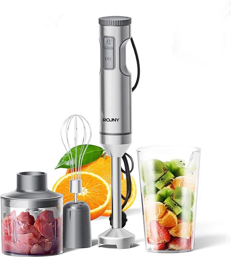 Rouny Staafmixer set Handblender met hakmolen Traploze snelheid 1000 W 700 ml maatbeker Keukenmixer 6 5 x 6 5 x 40 cm Zilver