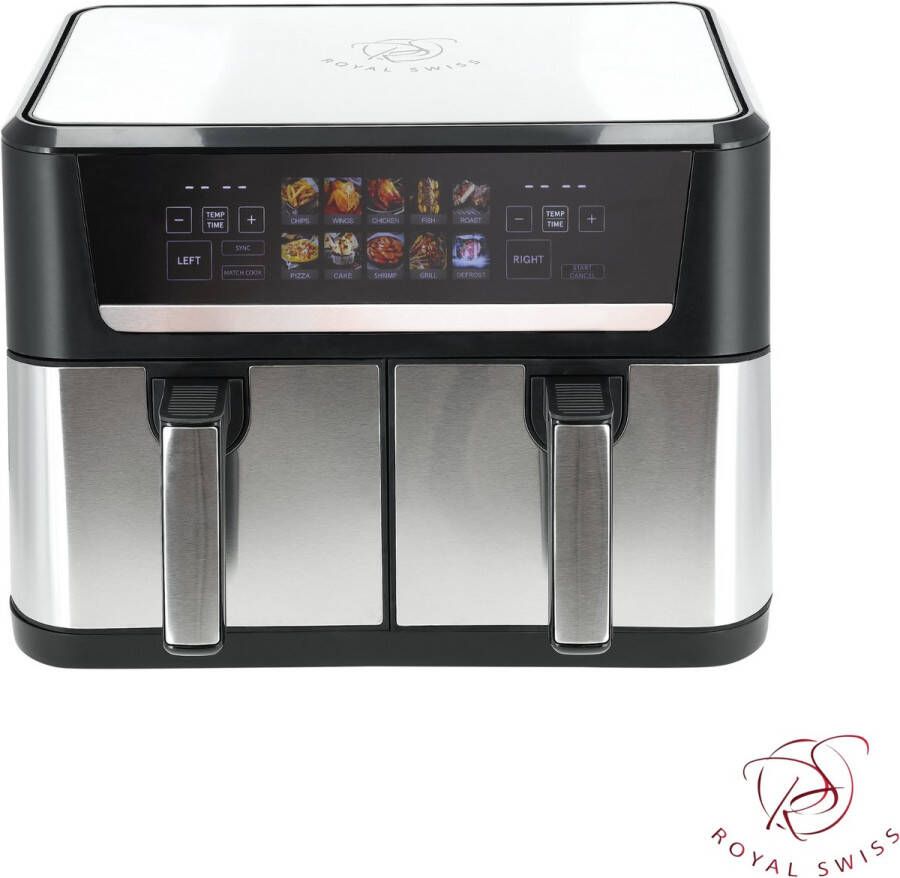 Royal Swiss Dubbele Airfryer – 12 Liter Dual Airfryer met 10 Programma's 2800 Watt 50 tot 200 Graden – Zwart RVS – Hoge Kwaliteit en Veelzijdig Koken - Foto 3