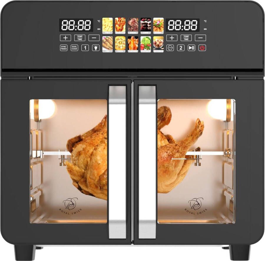 Royal Swiss Airfryer Oven 23L – XXL Heteluchtfriteuse met Dubbele Deur – 2400W – Touchscreen 10 Programma s Temperatuur 50-200°C Antiaanbaklaag & Oververhittingsbeveiliging