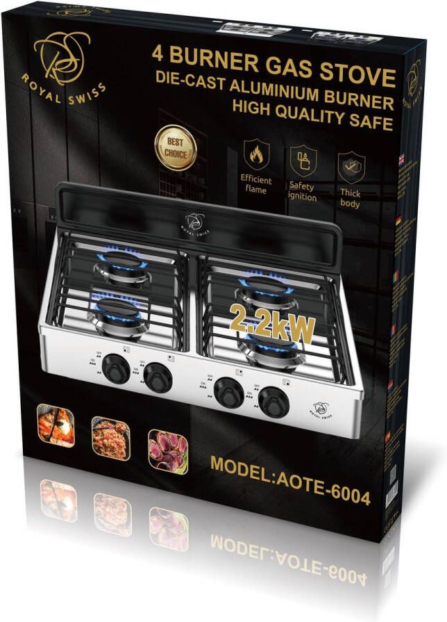 Royal Swiss AOTE-6054 – Gasfornuis 4-pits – LPG – Aluminium Brander – Veilig & Efficiënt