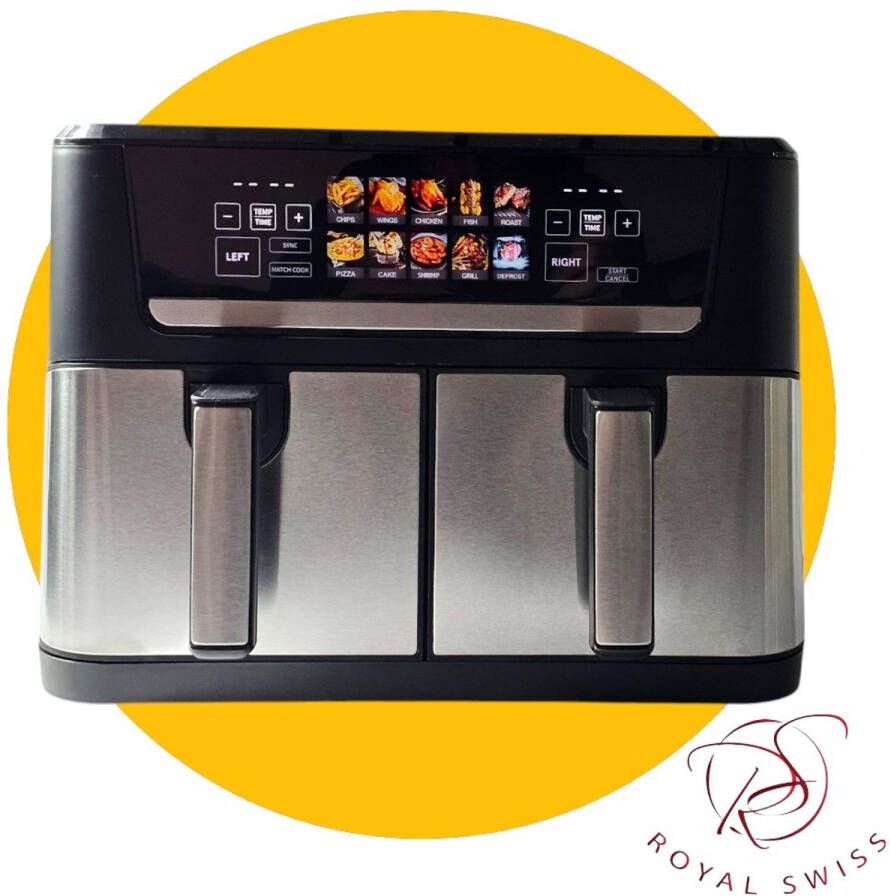 Royal Swiss Dubbele Airfryer – 12 Liter Dual Airfryer met 10 Programma's 2800 Watt 50 tot 200 Graden – Zwart RVS – Hoge Kwaliteit en Veelzijdig Koken - Foto 2