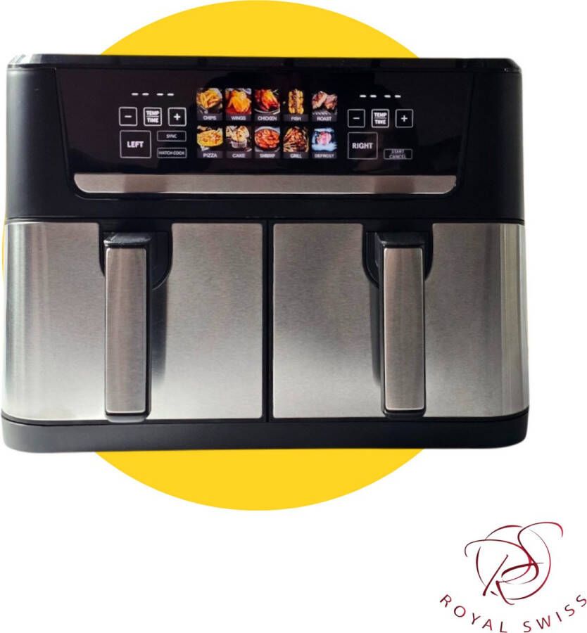 Royal Swiss Dubbele Airfryer – 12 Liter Dual Airfryer met 10 Programma's 2800 Watt 50 tot 200 Graden – Zwart RVS – Hoge Kwaliteit en Veelzijdig Koken - Foto 5