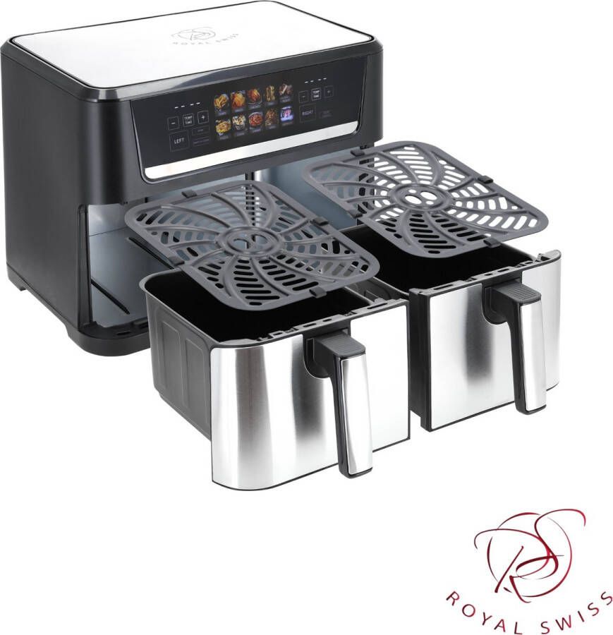 Royal Swiss Dubbele Airfryer – 12 Liter Dual Airfryer met 10 Programma's 2800 Watt 50 tot 200 Graden – Zwart RVS – Hoge Kwaliteit en Veelzijdig Koken - Foto 4