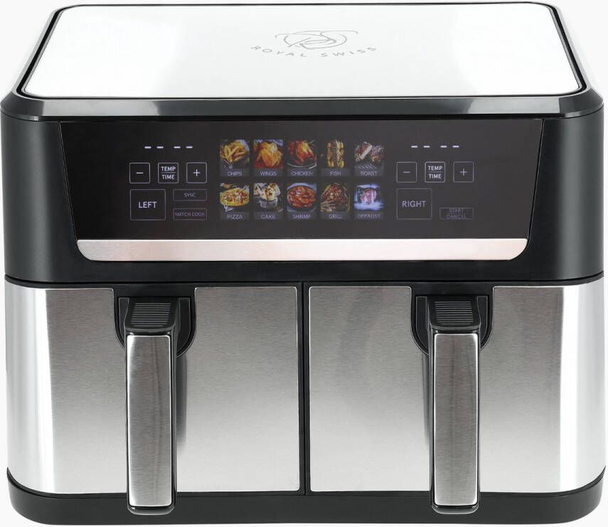Royal Swiss Dubbele Airfryer – 12 Liter Dual Airfryer met 10 Programma's 2800 Watt 50 tot 200 Graden – Zwart RVS – Hoge Kwaliteit en Veelzijdig Koken - Foto 6