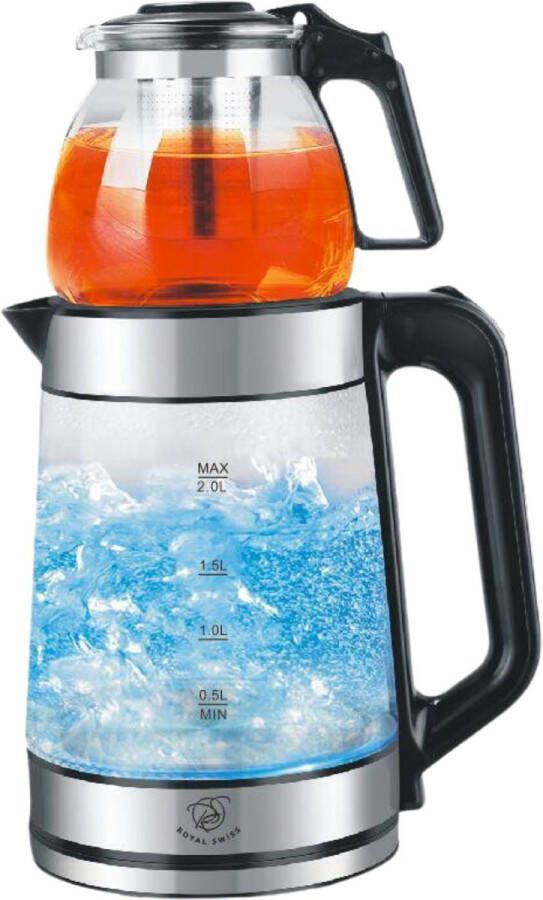 Royal Swiss Elektrische Waterkoker met Theepot – 2.0L 0.8L – 1500W – Glazen Kookketel – Automatisch Uitschakelen – Oververhittingsbeveiliging – 360° Draaibaar – RVS & BPA-vrij