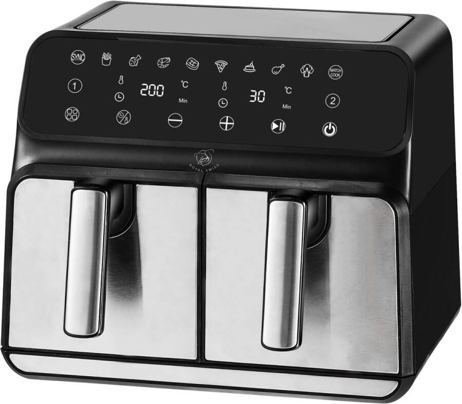 Royal Swiss Heteluchtfriteuse – Dubbele Airfryer 8L (2x4L) – 1700W – Touchscreen – 8 Programma s – 80-200°C – Timer 60 min – Antiaanbaklaag – Oververhittingsbeveiliging