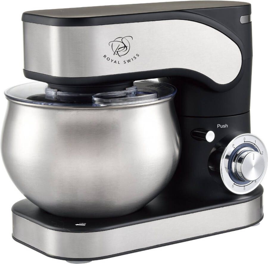 Royal Swiss Keukenmachine – 1300W Pro-Mixer met 5L RVS Mengkom – 6 Snelheden – Inclusief Garde Deeghaak & Menghaak – Planetaire Beweging