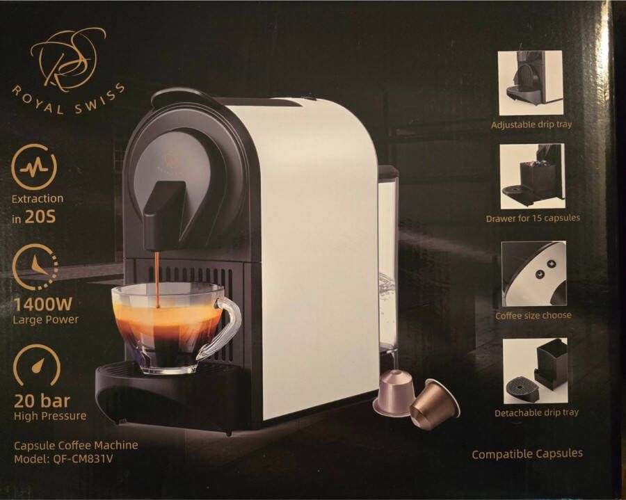 Royal Swiss Koffiecupmachine 1400W 20 Bar Hoge Druk 700ml Reservoir Compatibel met Nespresso Capsules