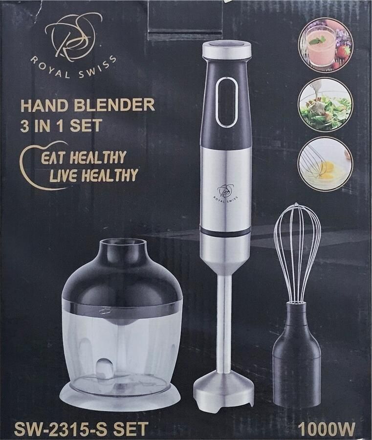 Royal Swiss 3-in-1 Staafmixer Set 500W Inclusief Hakmolen Garde en Maatbeker RVS